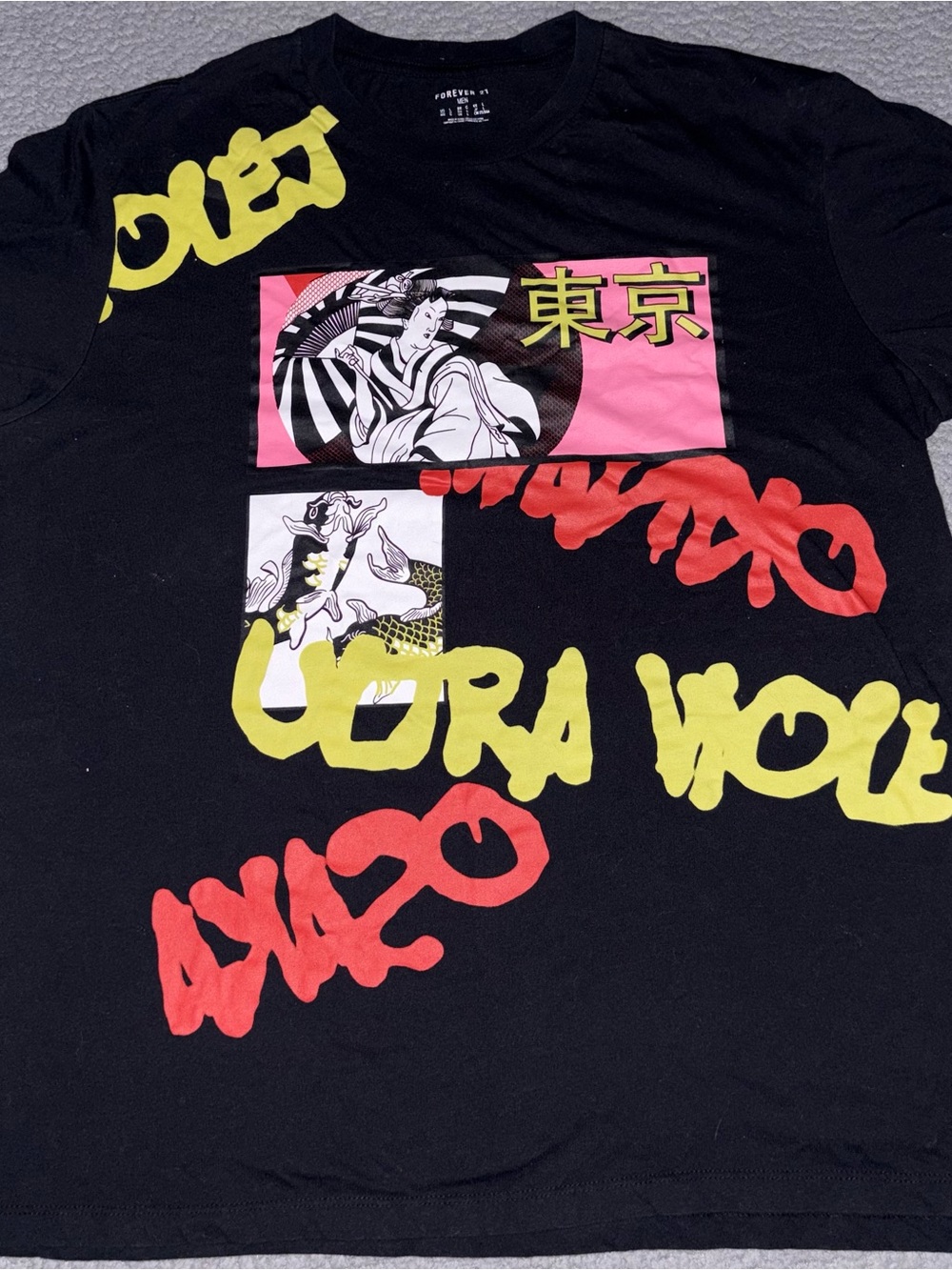 Forever 21 Black Graphic Tee with Pink, Yellow & Red Artwork